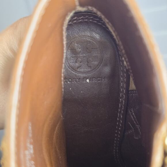 Preloved Tory Burch Sofia Logo Ring High Heel Ankle Suede Leather Booties Brown - Picture 9 of 12